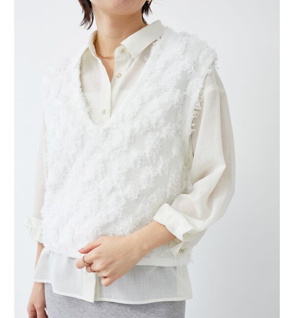 le.coeur blanc「《手洗い可能》フリンジ編みVネックベスト」|ベスト・ジレ|