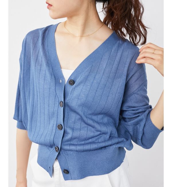  「《手洗い可能》シアーワイドリブラメVカーディガン」|カーディガン|ブルー