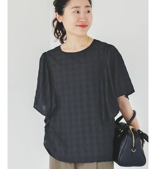  「《手洗い可能》ギンガムギャザーフレアスリーブブラウス」|シャツ・ブラウス|