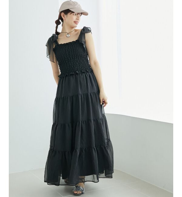 MAJESTICLEGON「カップ付肩リボンシャーリングキャミ」|キャミソール|ブラック