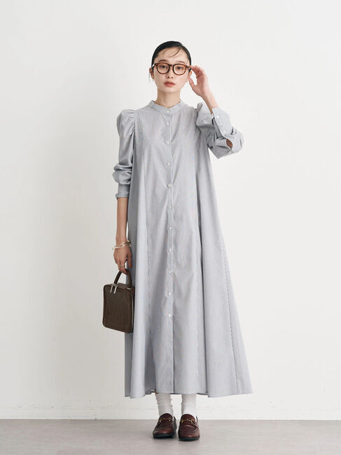 earth music&ecology「ボリュームスリーブシャツワンピース」|ワンピース|ストライプブルー