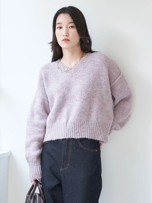 earth music&ecology「ヘアリーVネックショートニット」|ニット・セーター|ピンク