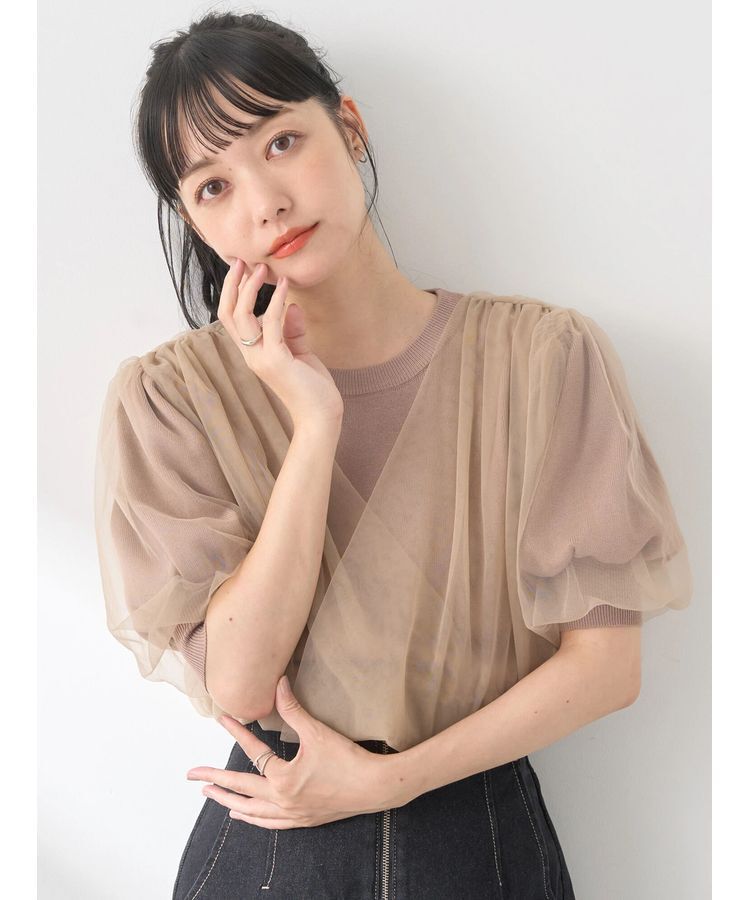 earth music&ecology「チュールドッキング半袖ニットプルオーバー」|ニット・セーター|Brown