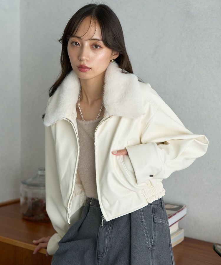 earth music&ecology「襟ファーレザーブルゾン」|ブルゾン・スタジャン|Ivory