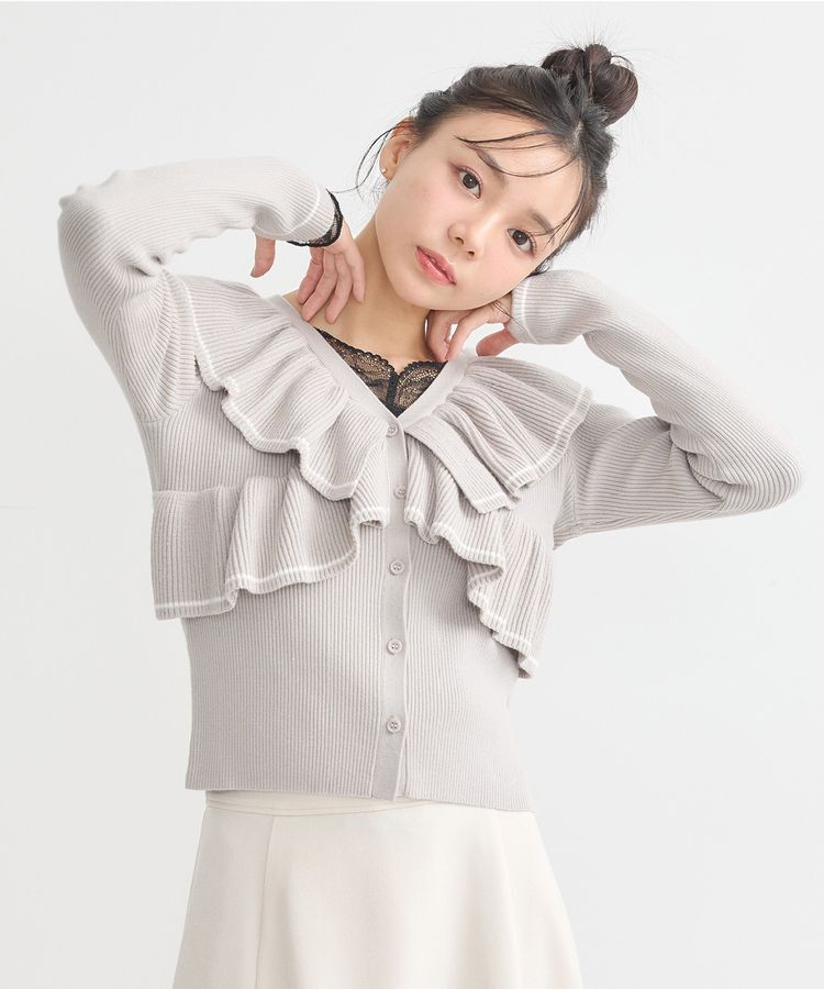 earth music&ecology「Vネックフリルニットカーディガン」|カーディガン|Light Gray