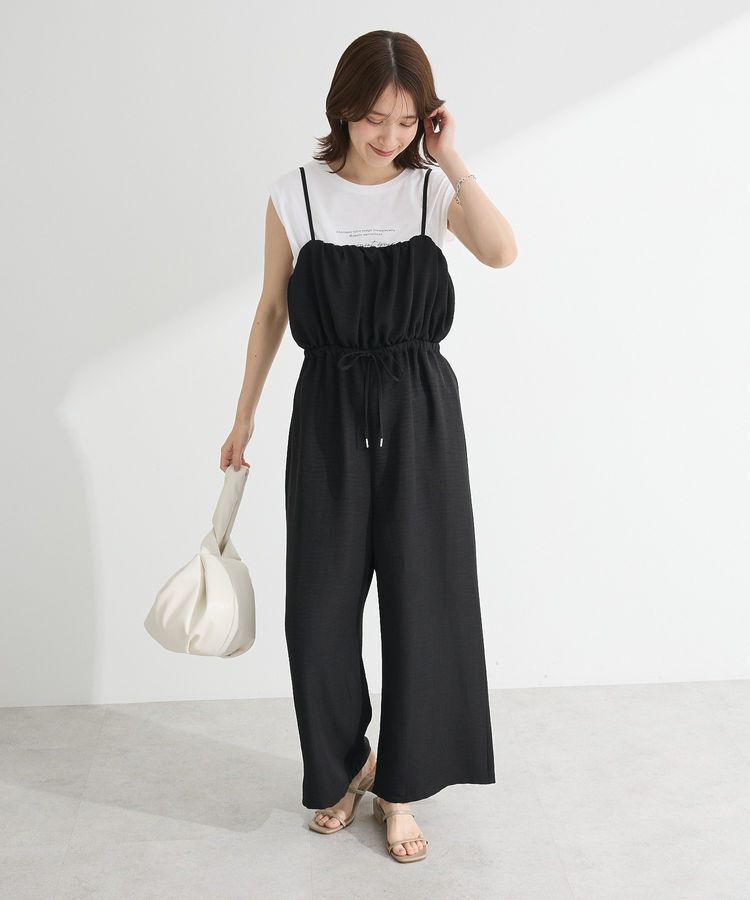 Green Parks「胸元バルーンウエストリボンサロペット」|オールインワン|Black