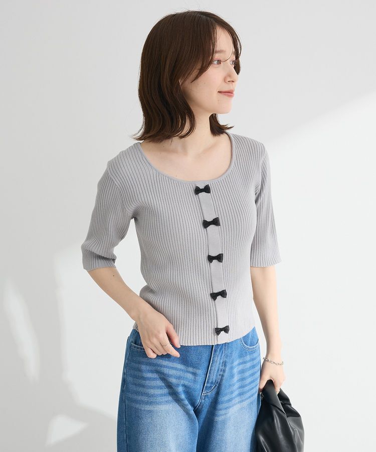 Green Parks「・swing by フロントリボンリブニット」|ニット・セーター|Light Gray