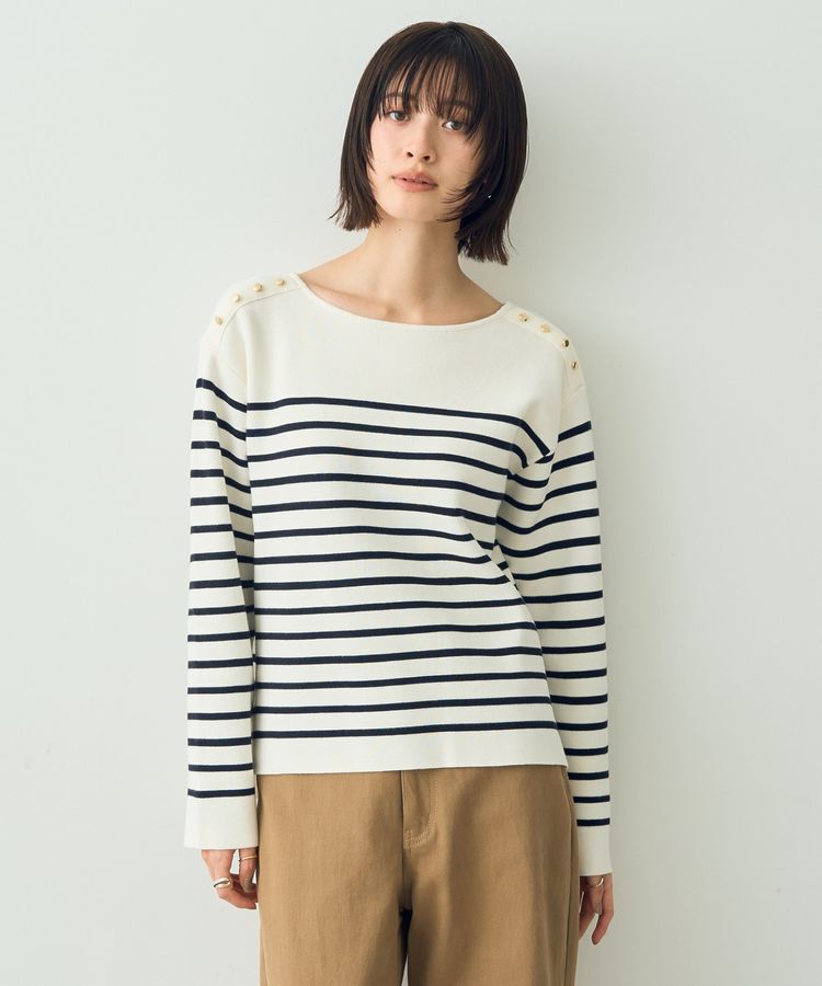 YECCA VECCA「ミラノリブ金釦ニット」|ニット・セーター|ボーダーアイボリー
