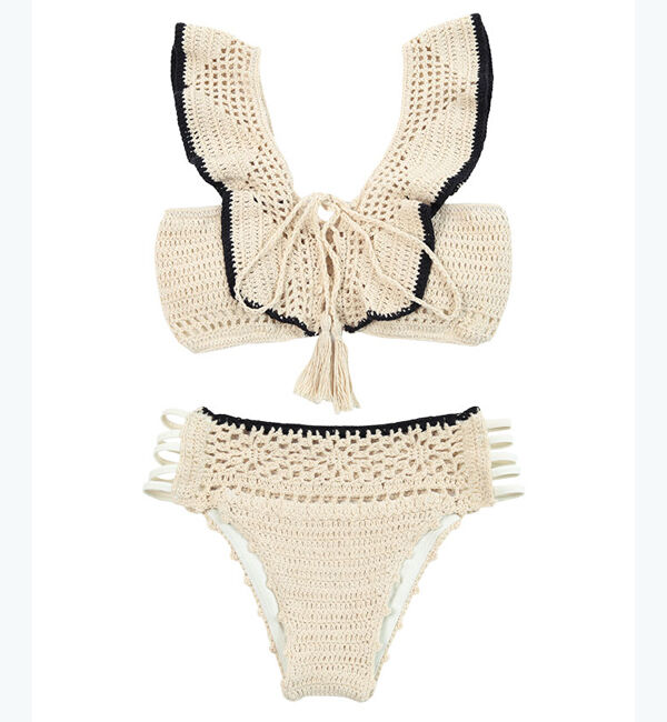 SEA DRESS「ショルダーフリルクロシェビキニ」|ビキニ|アイボリー/ブラック