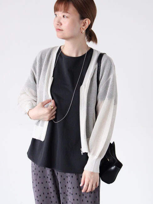 Lugnoncure「ラメ混メッシュ編みジップカーディガン」|カーディガン|オフホワイト