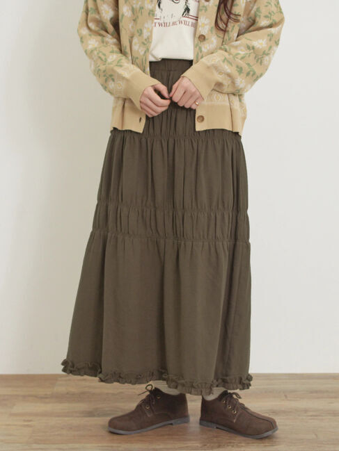 Samansa Mos2「シャーリングティアードスカート」|スカート|カーキ
