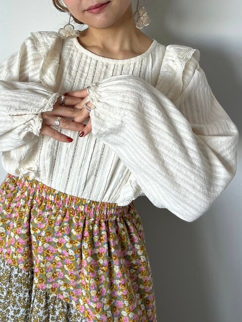 Samansa Mos2「ドビーストライプレースフリルブラウス」|シャツ・ブラウス|オフホワイト