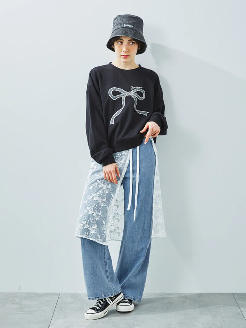 Samansa Mos2「リボン&ロゴチュールアップリケ刺繍スウェット」|Tシャツ・カットソー|