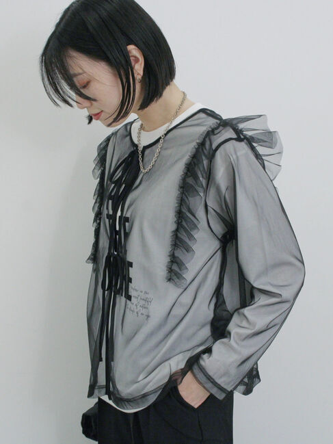 Samansa Mos2 blue「2wayラメチュールフリルプルオーバー」|Tシャツ・カットソー|