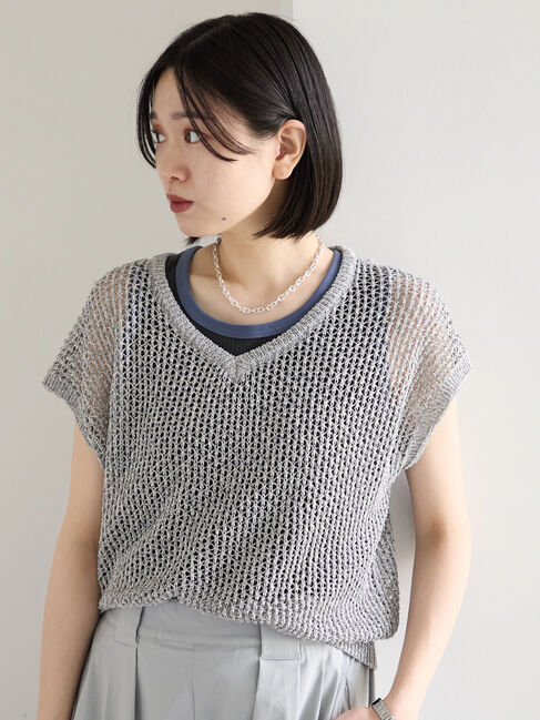 Samansa Mos2 blue「メランジラメメッシュニットベスト」|ニット・セーター|