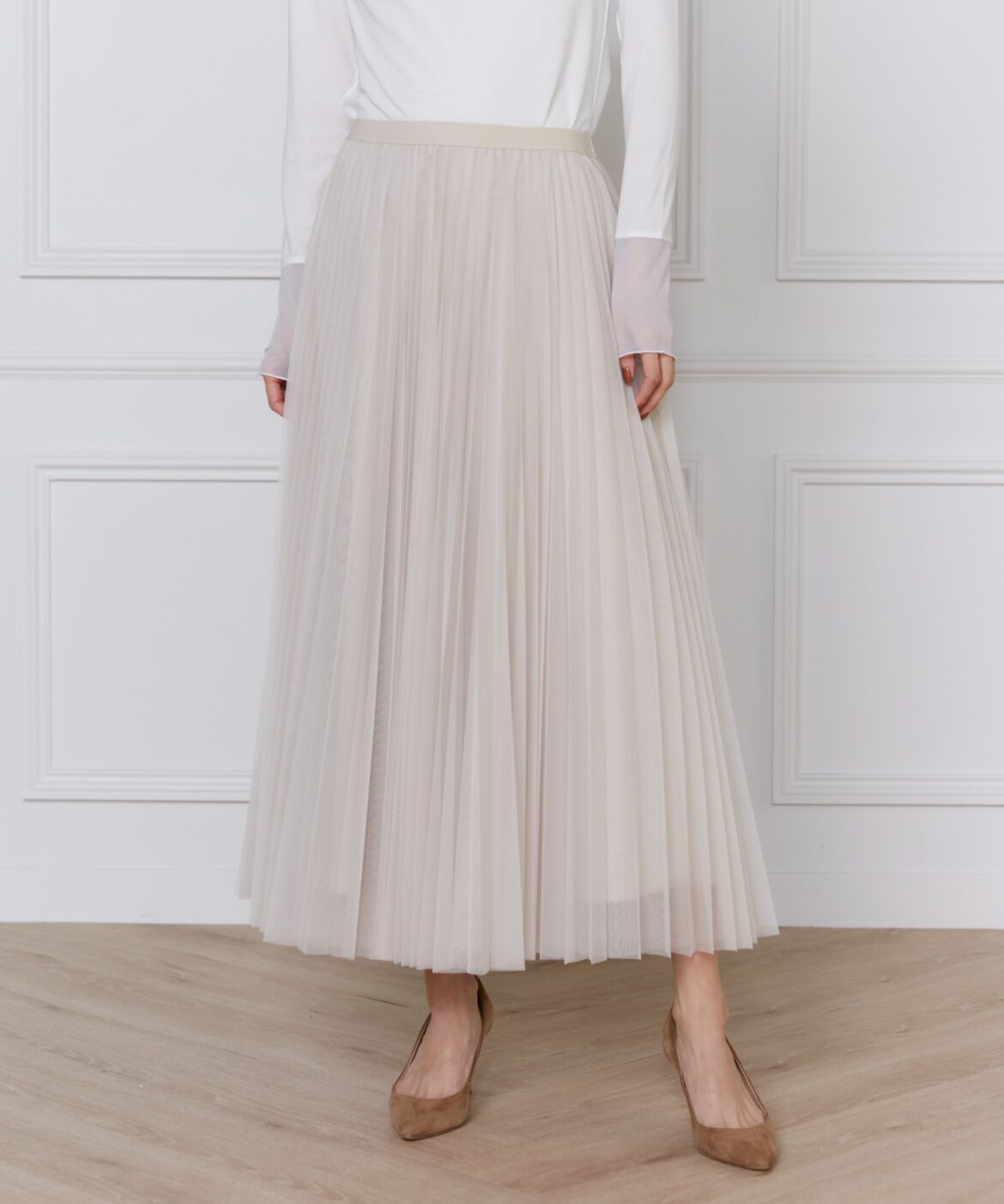 INED「《大きいサイズ》チュールプリーツスカート」|スカート|ベージュ2