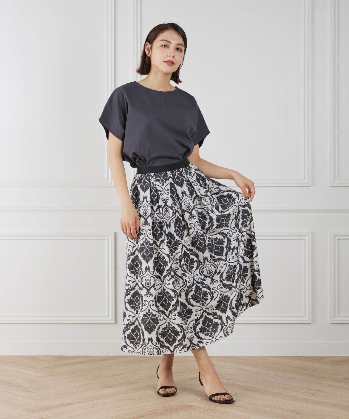 7-IDconcept.「プリントギャザースカート」|フレア|