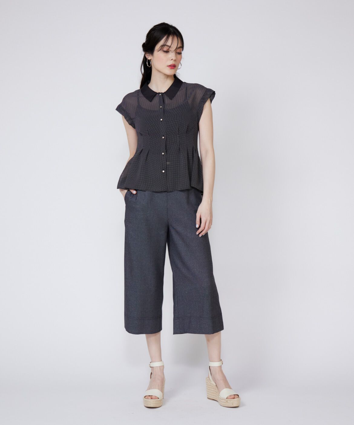 Maglie le cassetto「衿配色シアードットブラウス」|シャツ・ブラウス|