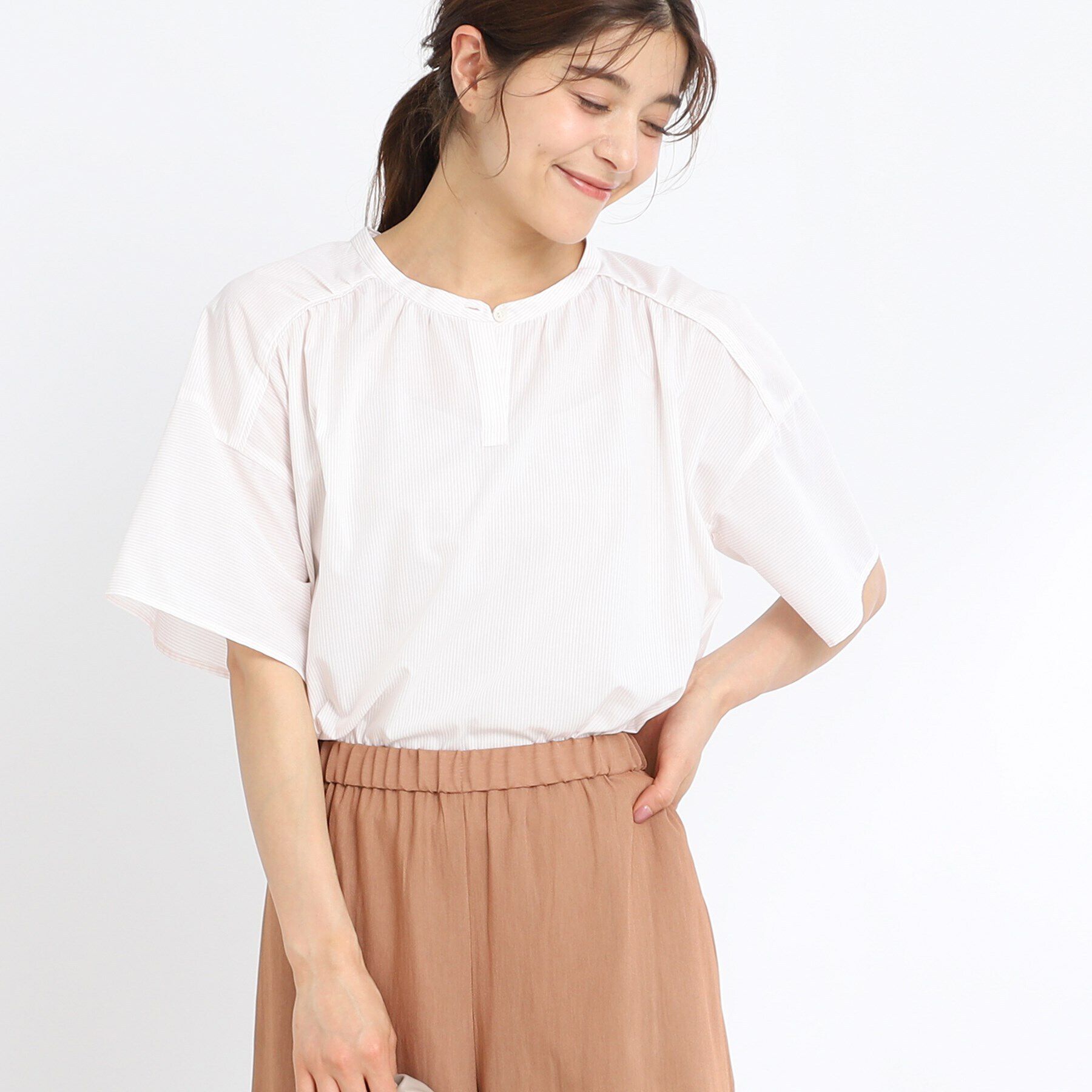 Reflect「【マシンウォッシュ可】五分袖ピンストライプブラウス」|シャツ・ブラウス|オレンジ(366)