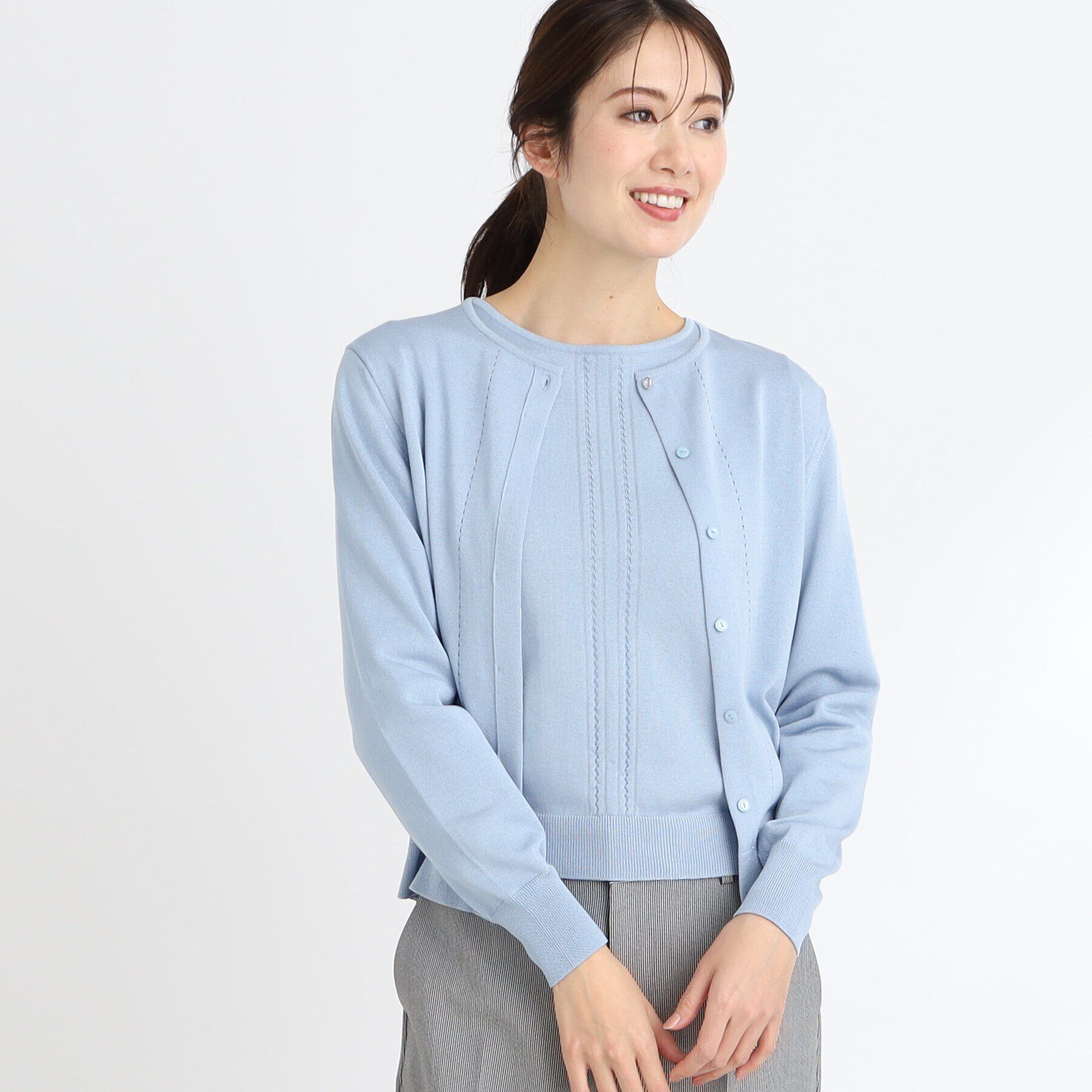 Reflect「【WEB限定カラーあり／アンサンブル可】比翼仕立てニットカーディガン」|カーディガン|ブルー(091)