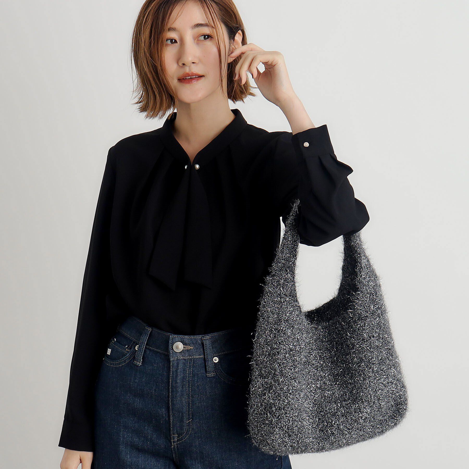 grove「ラメニットショルダー」|トートバッグ|チャコールグレー(0