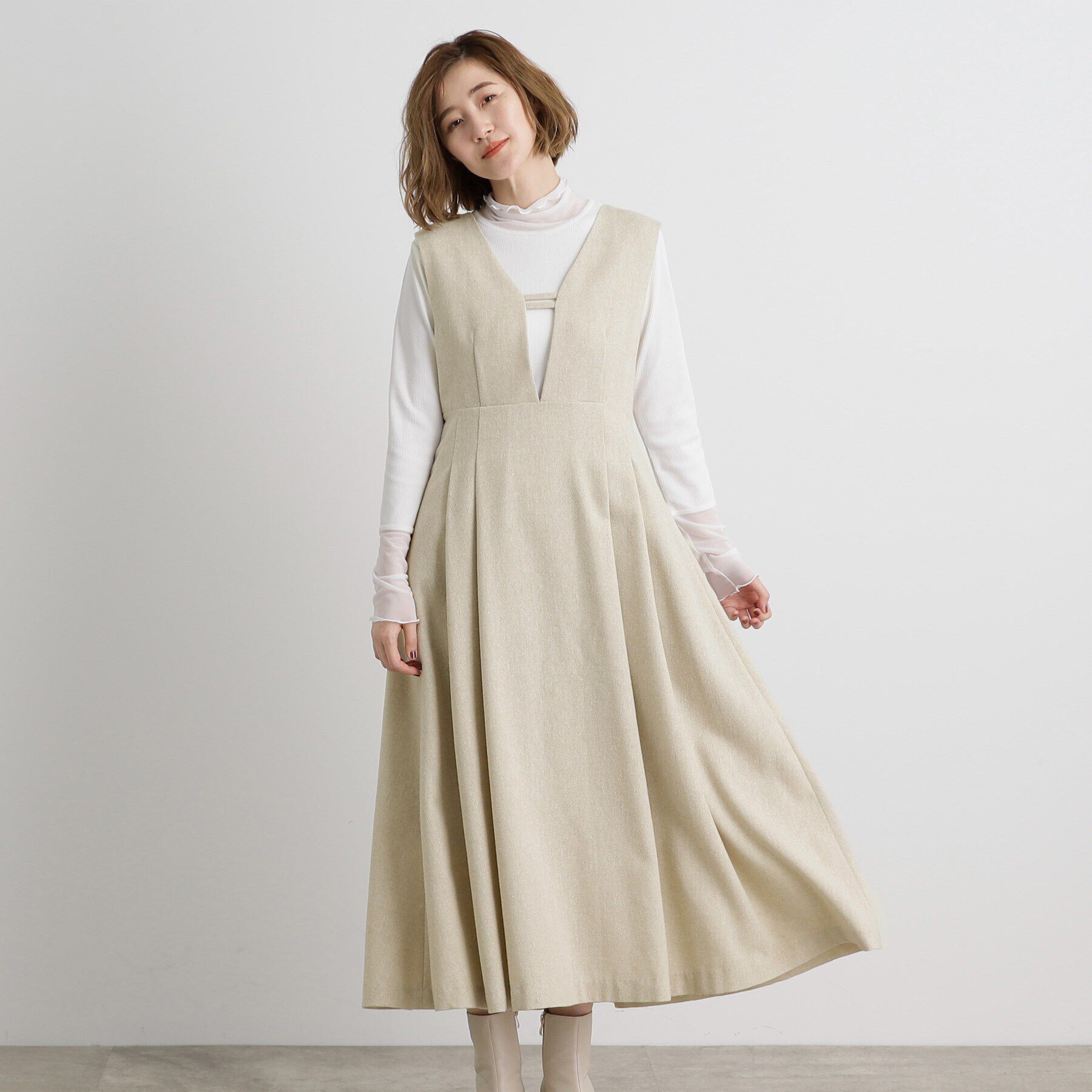 grove「【前後2WAY】ラメツイードフレアージャンドレ」|ワンピース|グレージュ(050)