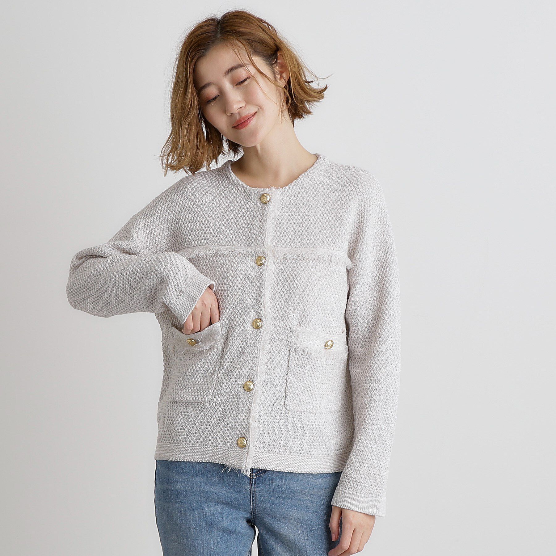 grove「ツイードニットジャケット」|ノーカラージャケット|