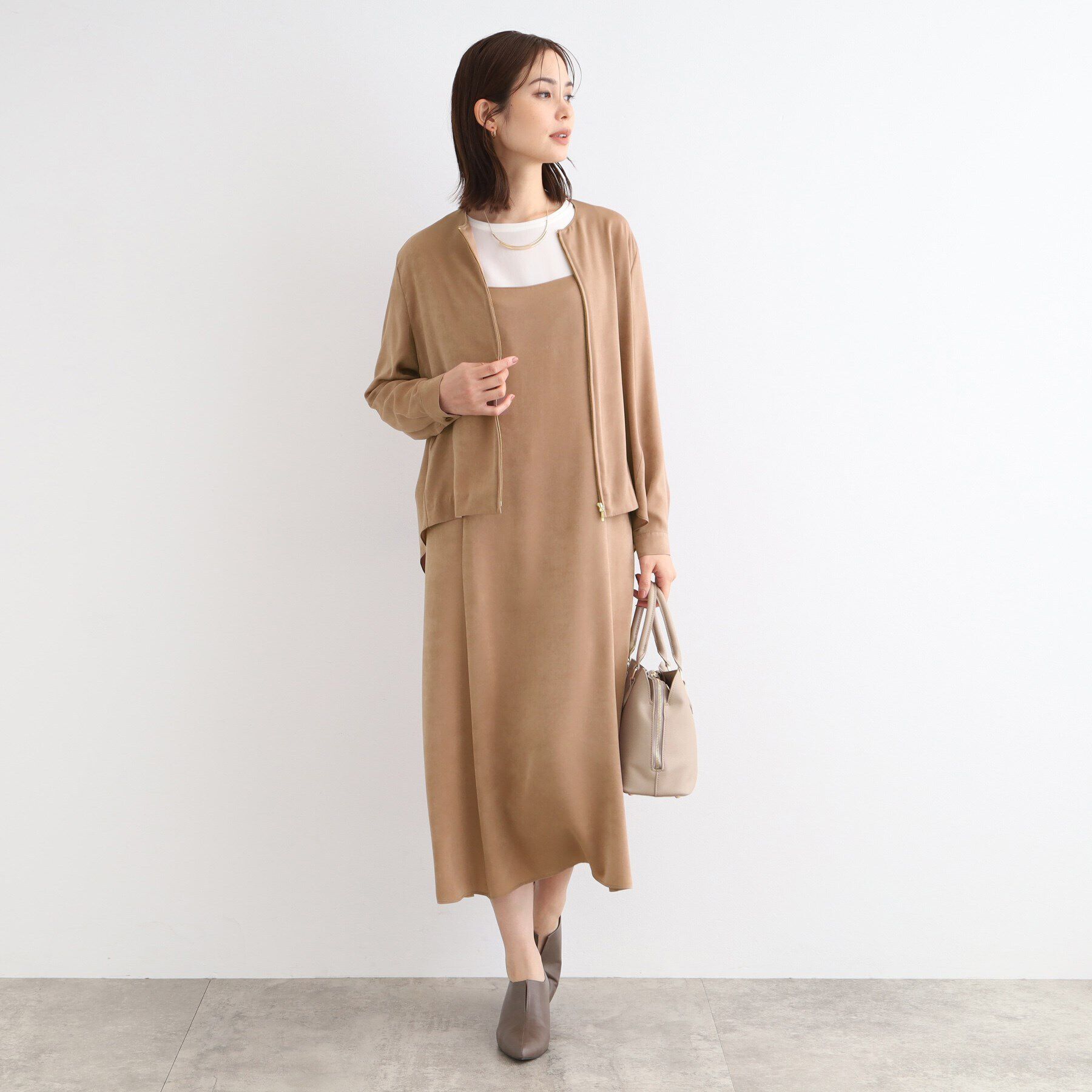 INDIVI「【洗える／UVケア】スエード調サテンキャミワンピース」|ワンピース|