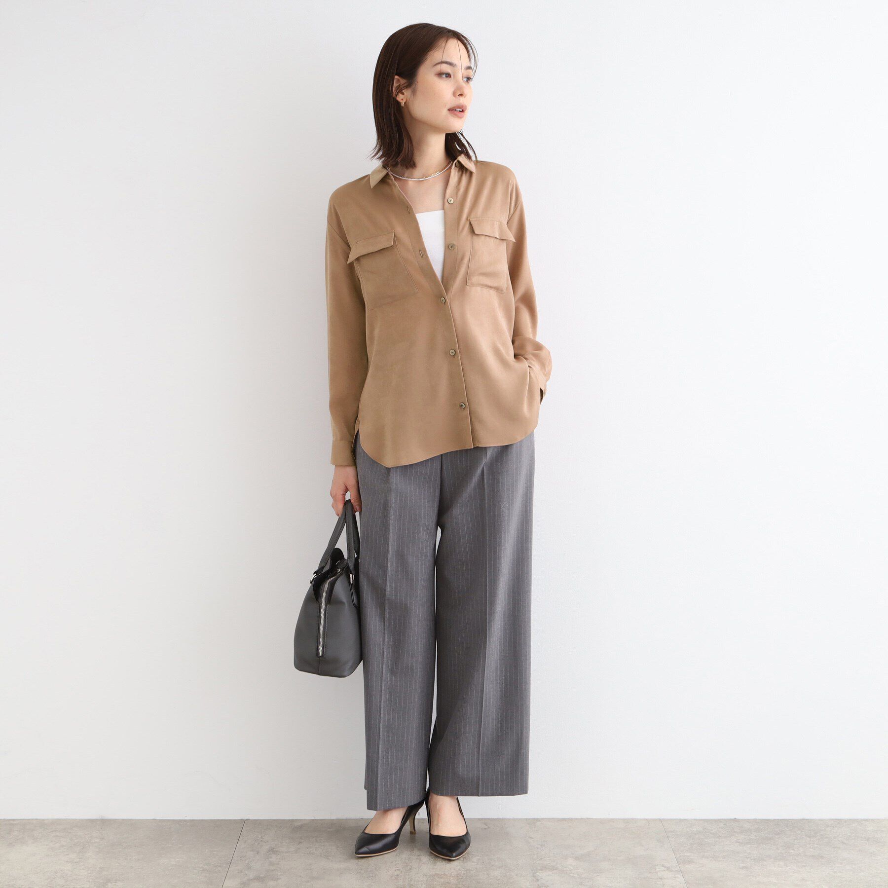 INDIVI「【洗える／UVケア】スエード調サテンワークシャツブラウス」|シャツ・ブラウス|