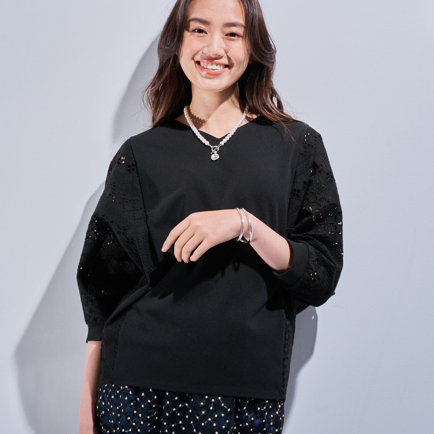 INDIVI「【洗える／体型カバー】レースコンビトップス」|Tシャツ・カットソー|ブラック(019)