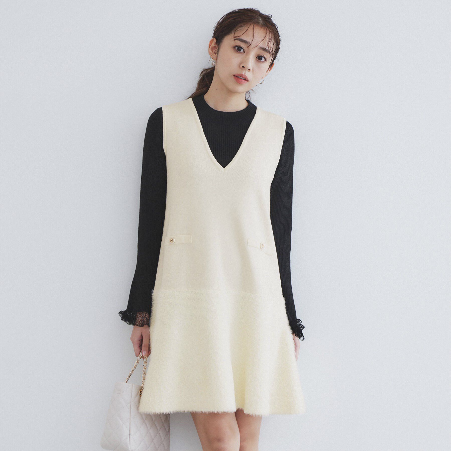 index「フェザー切り替えニットジャンパースカート【洗濯機洗い可】」|ワンピース|アイボリー(004)