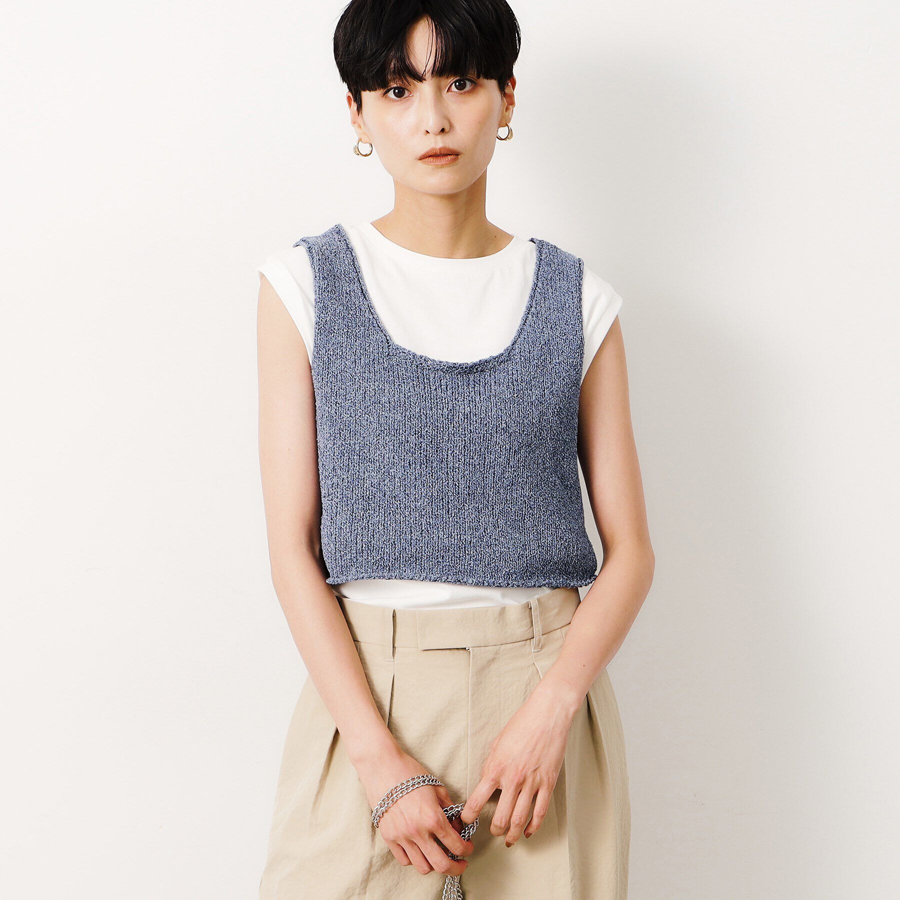 OPAQUE.CLIP「【前後2WAY/ツインセット】ニットビスチェ&times;ノースリーブ【洗濯機洗い可】」|Tシャツ・カットソー|ネイビー(494)