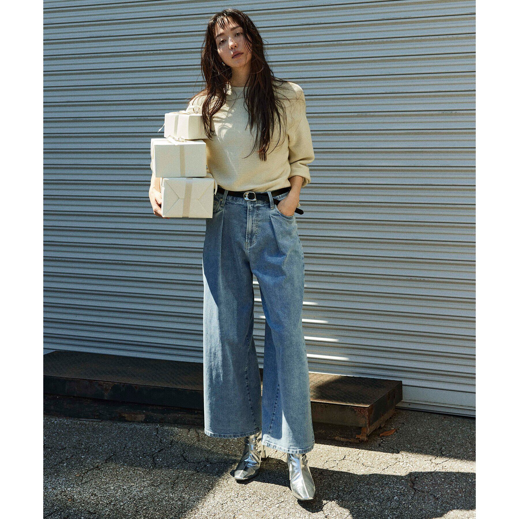 OPAQUE.CLIP「ストレッチタックワイドデニム／オーガニックコットン混【洗濯機洗い可】」|デニム|