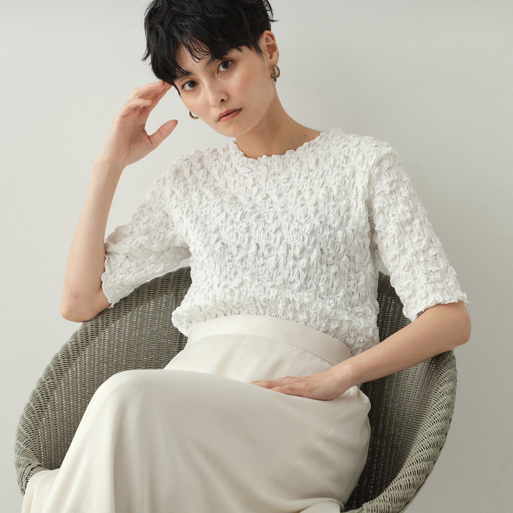 OPAQUE.CLIP「シャーリングレース5分袖カットソー【洗濯機洗い可】」|Tシャツ・カットソー|ホワイト(001)