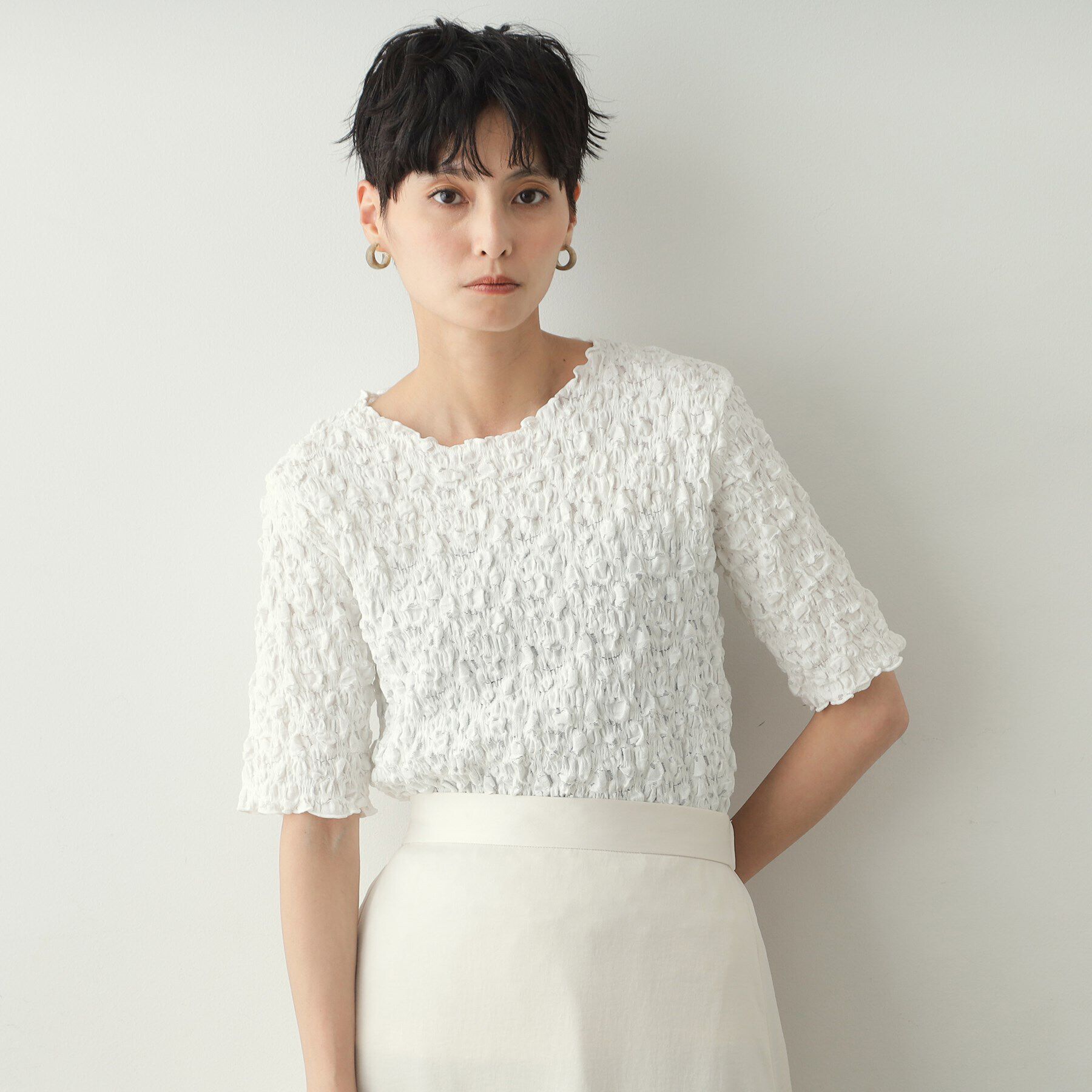 OPAQUE.CLIP「シャーリングレース5分袖カットソー【洗濯機洗い可】」|Tシャツ・カットソー|