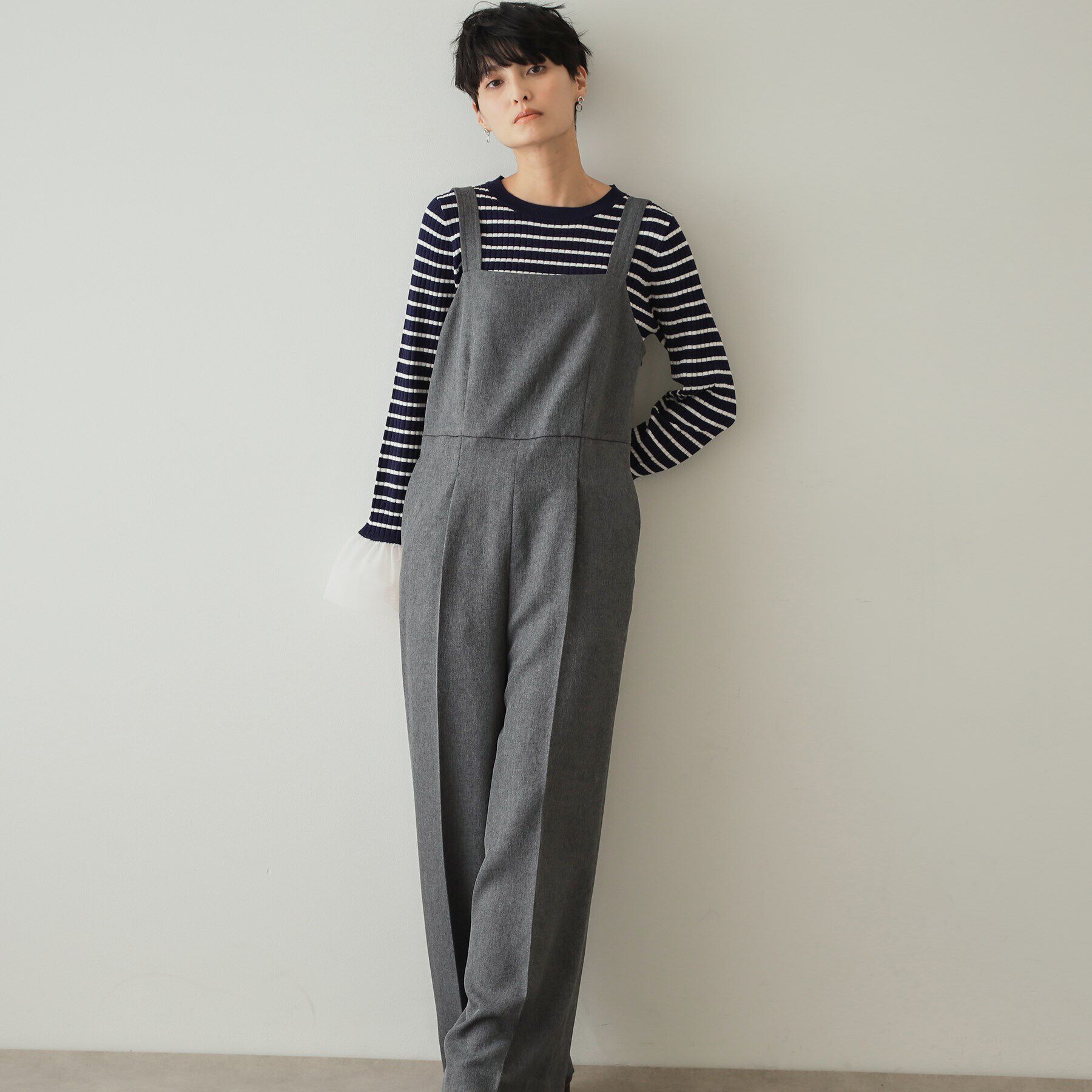 OPAQUE.CLIP「ウールライク ベルト付サロペット【洗濯機洗い可】」|オールインワン|チャコールグレー(0