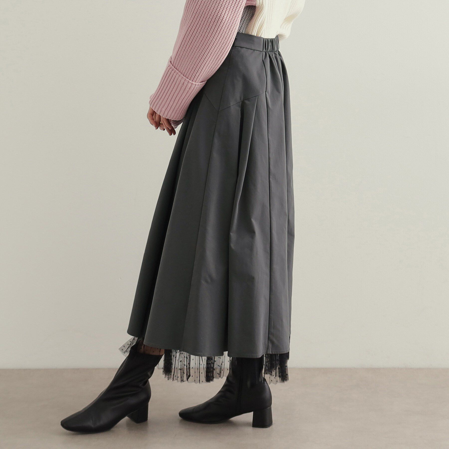 OPAQUE.CLIP「裾チュールプリーツドッキング タックフレアスカート【洗濯機洗い可】」|スカート|