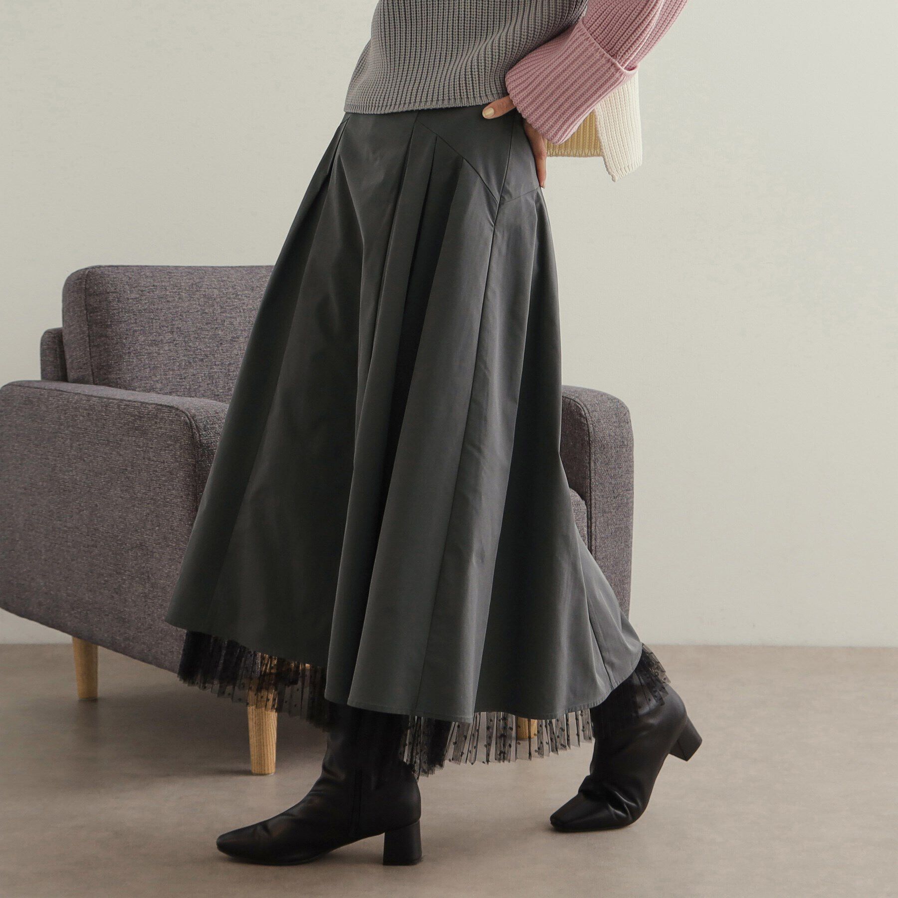 OPAQUE.CLIP「裾チュールプリーツドッキング タックフレアスカート【洗濯機洗い可】」|スカート|