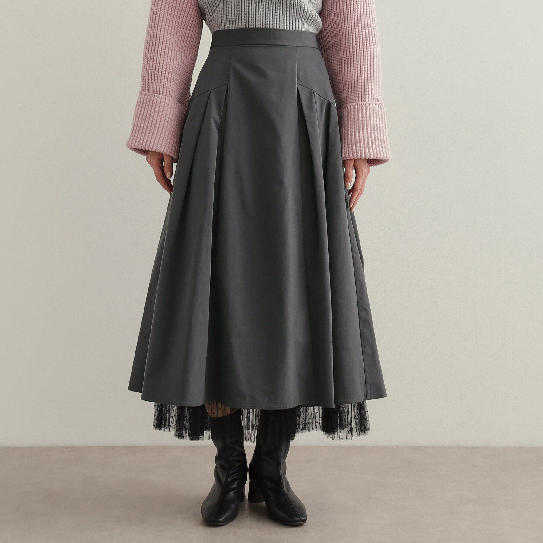 OPAQUE.CLIP「裾チュールプリーツドッキング タックフレアスカート【洗濯機洗い可】」|スカート|
