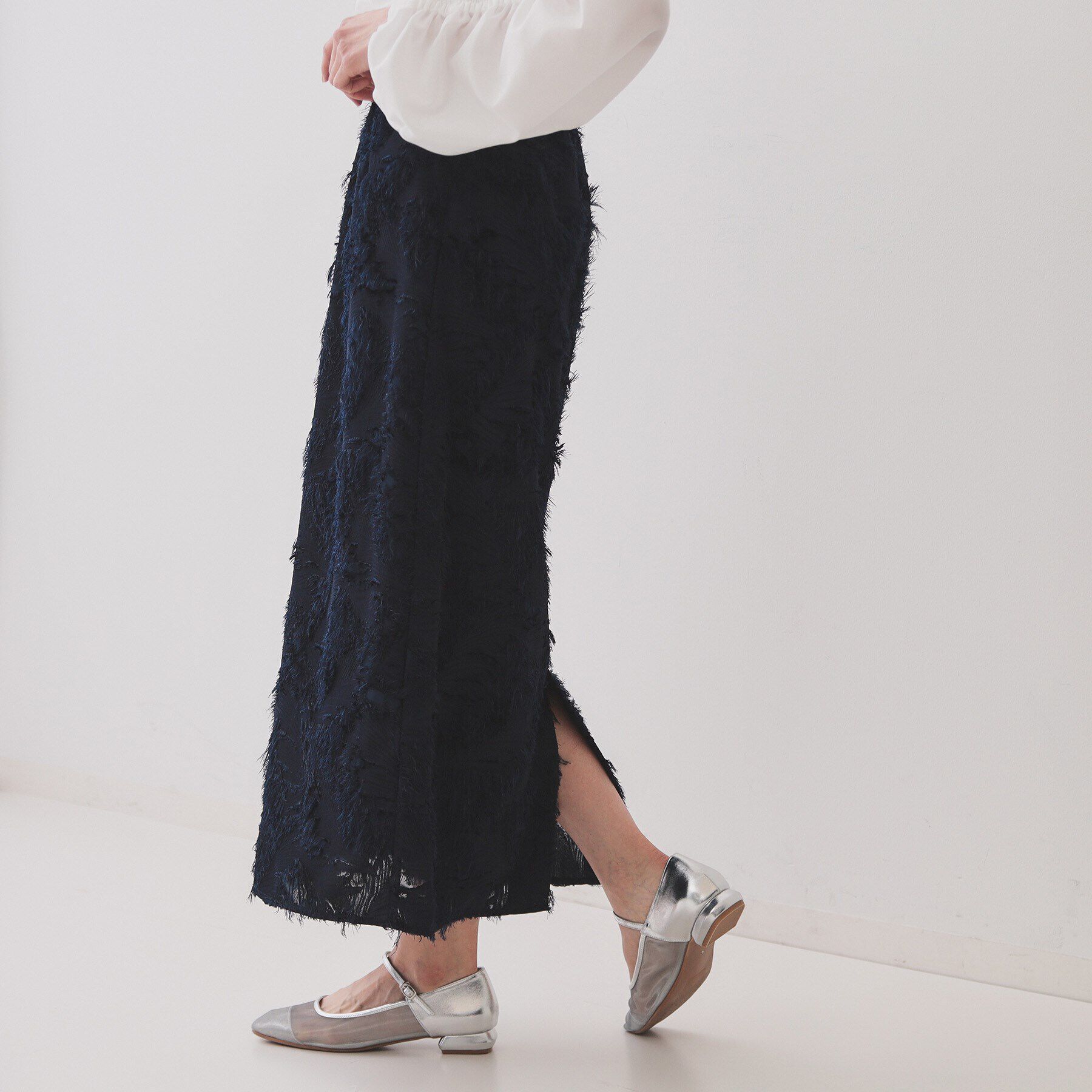 OPAQUE.CLIP「フリンジジャーカードナロースカート【洗える】」|スカート|ネイビー(094)