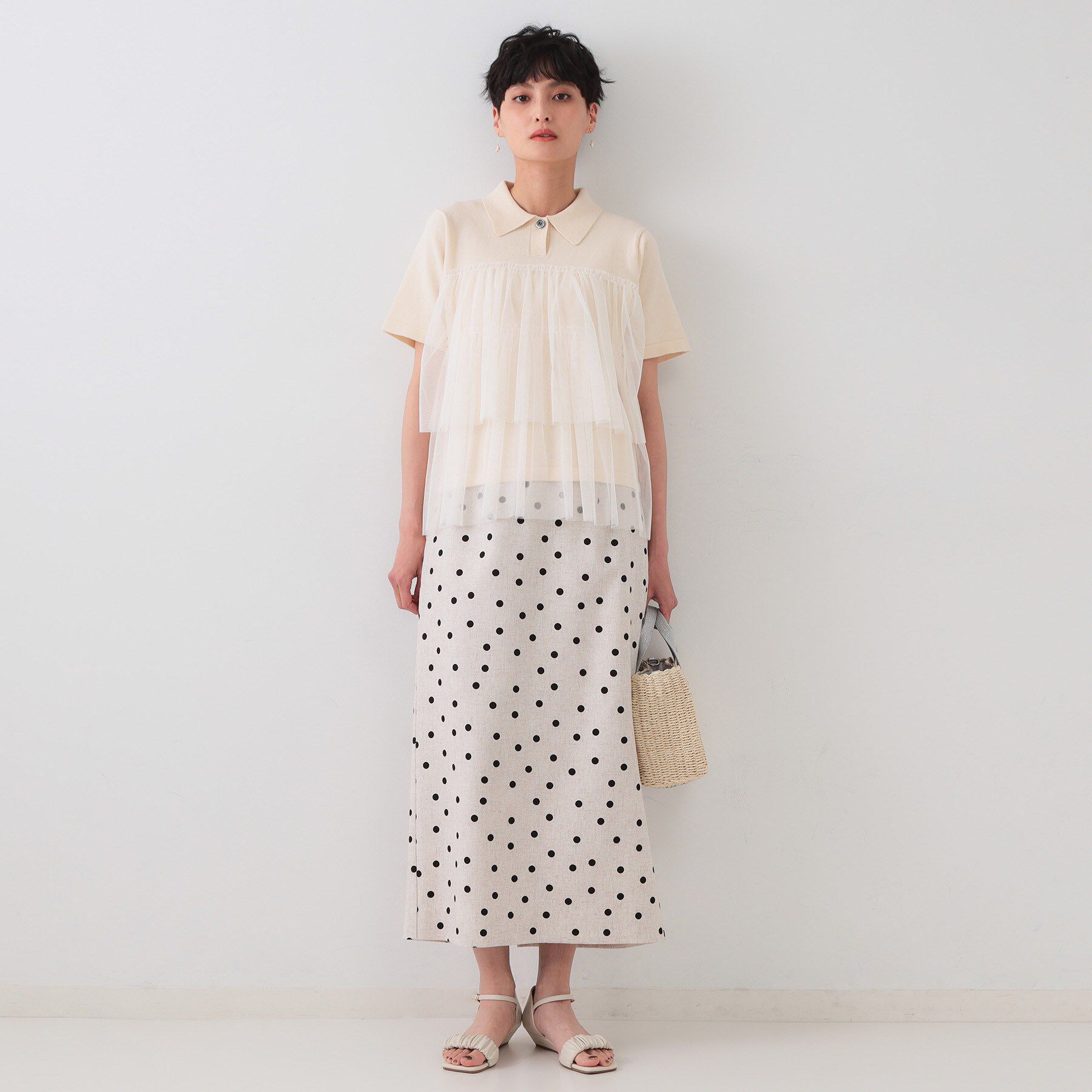 OPAQUE.CLIP「麻混ドットプリントナロースカート【洗濯機洗い可】」|スカート|