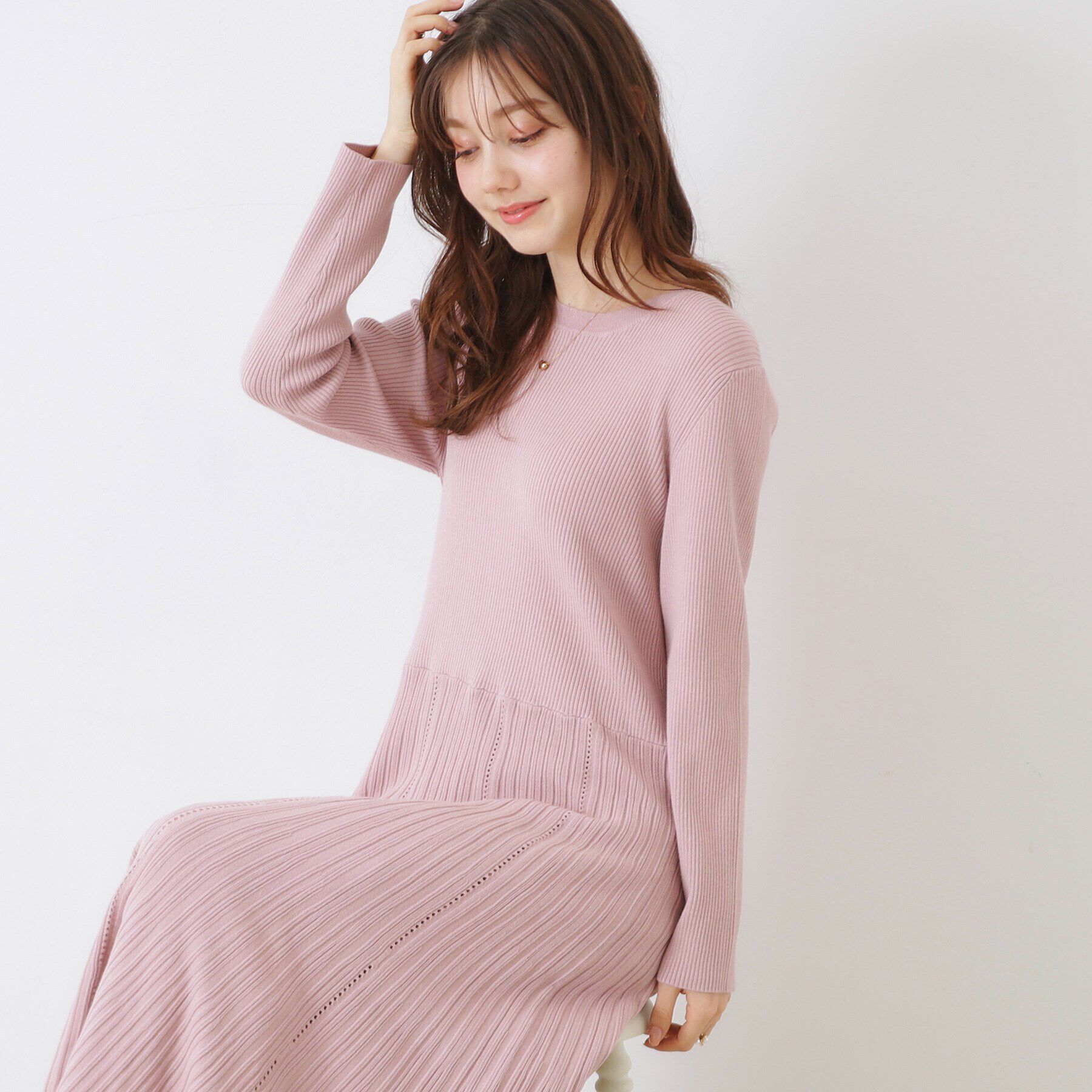 Couture broach「【上品な落ち感・美シルエット】アイレットリブデザインニットワンピース」|ワンピース|