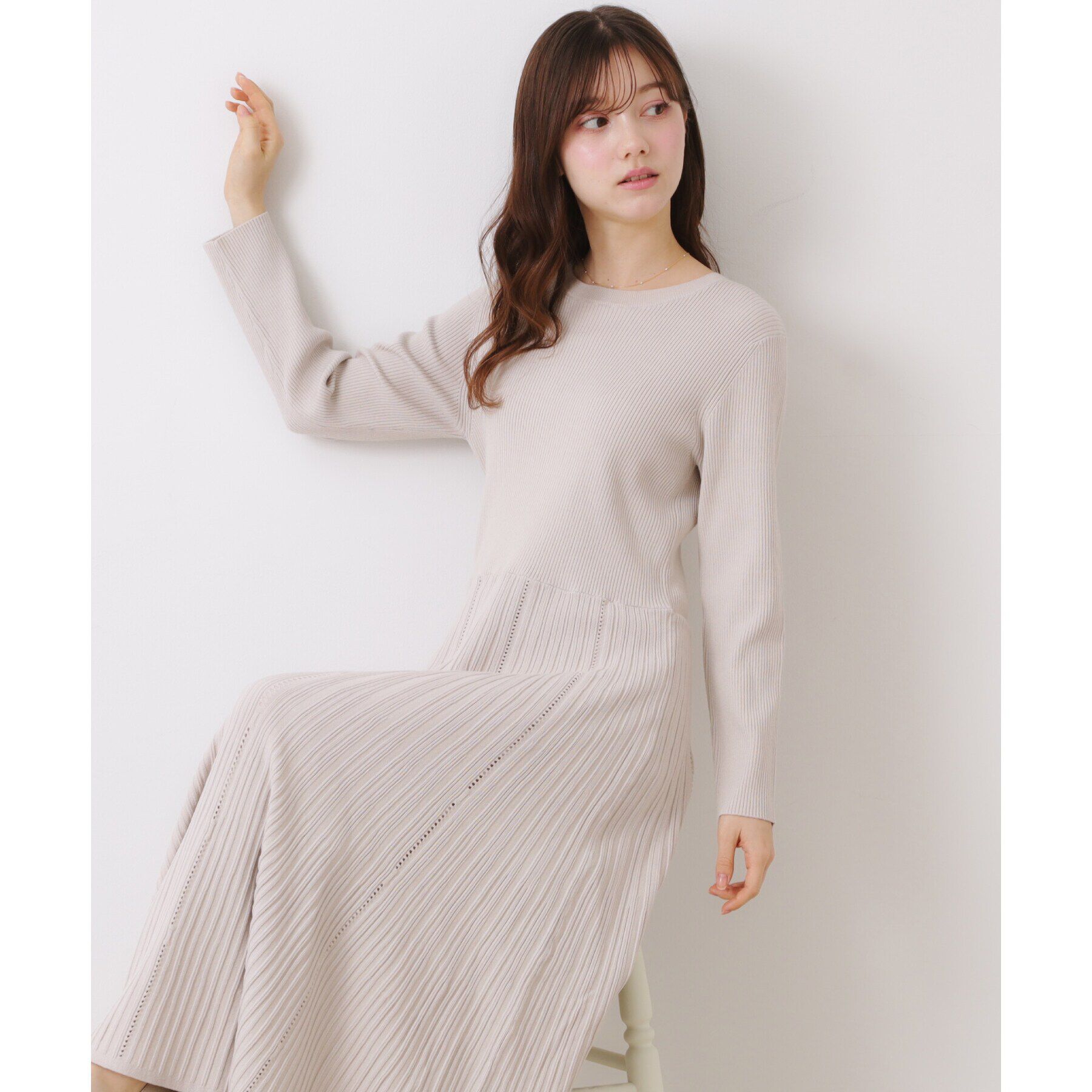 Couture broach「【上品な落ち感・美シルエット】アイレットリブデザインニットワンピース」|ワンピース|