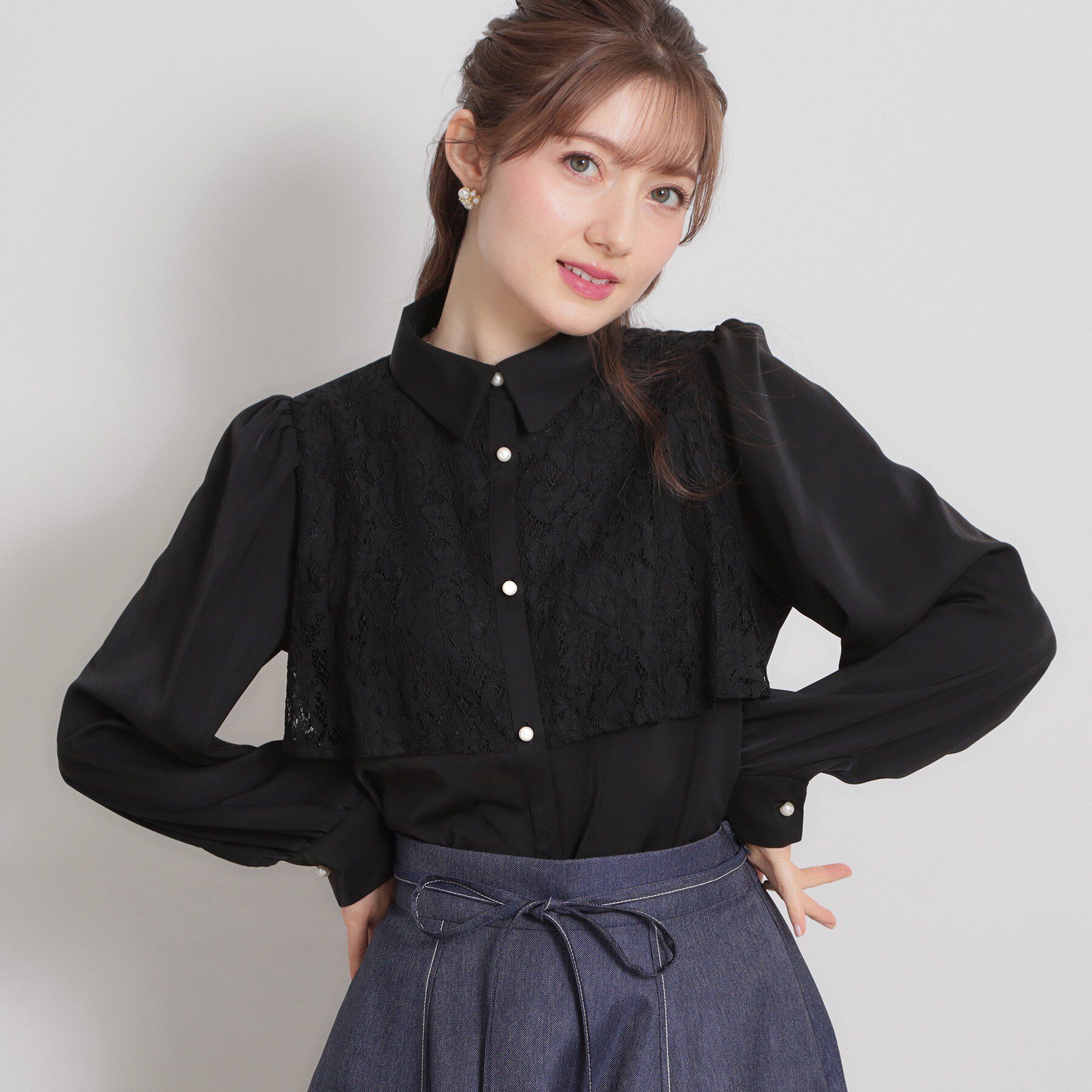 Couture broach「総レース切り替えパール調ボタンブラウス」|シャツ・ブラウス|