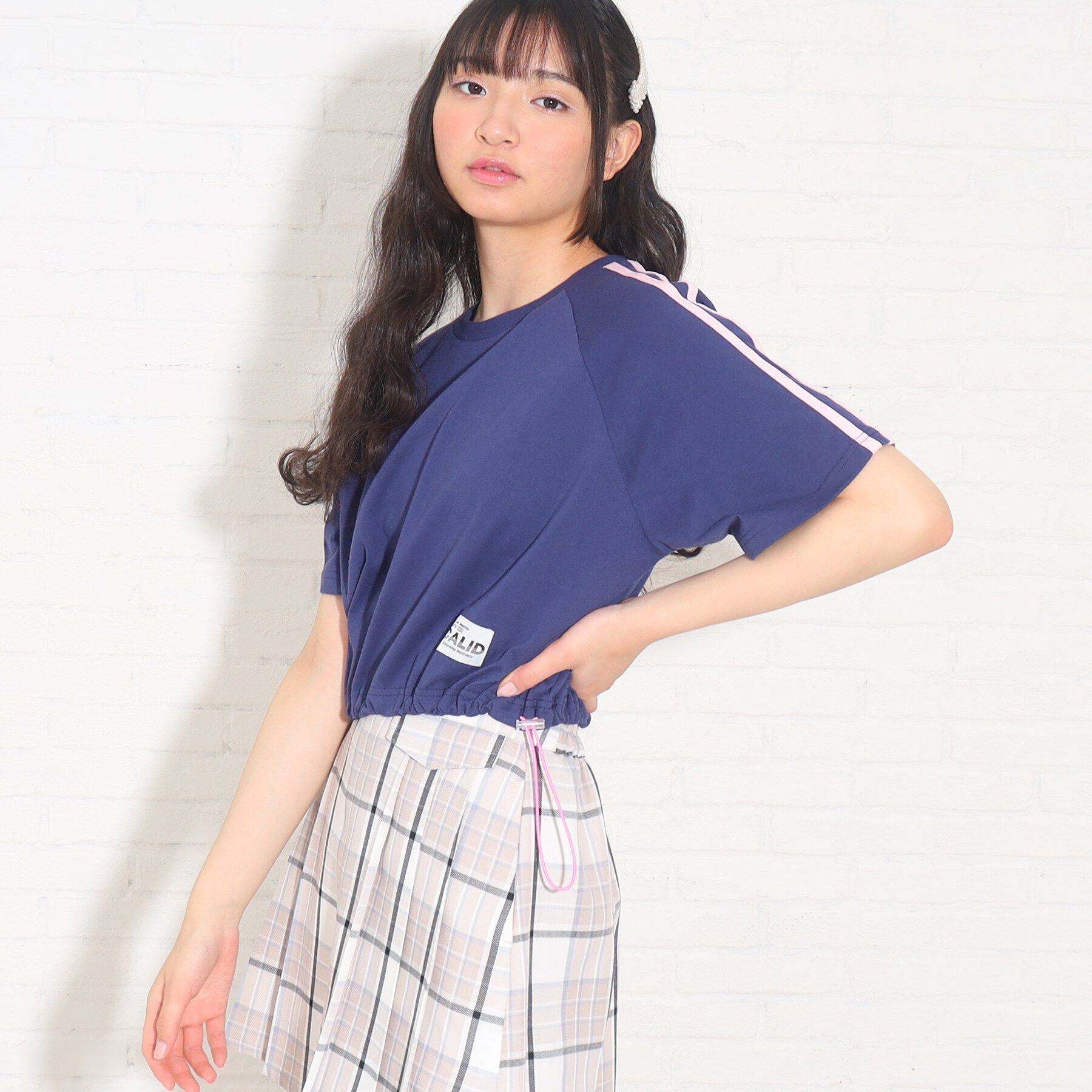 PINK-latte「裾ドロスト袖ラインTシャツ」|Tシャツ・カットソー|