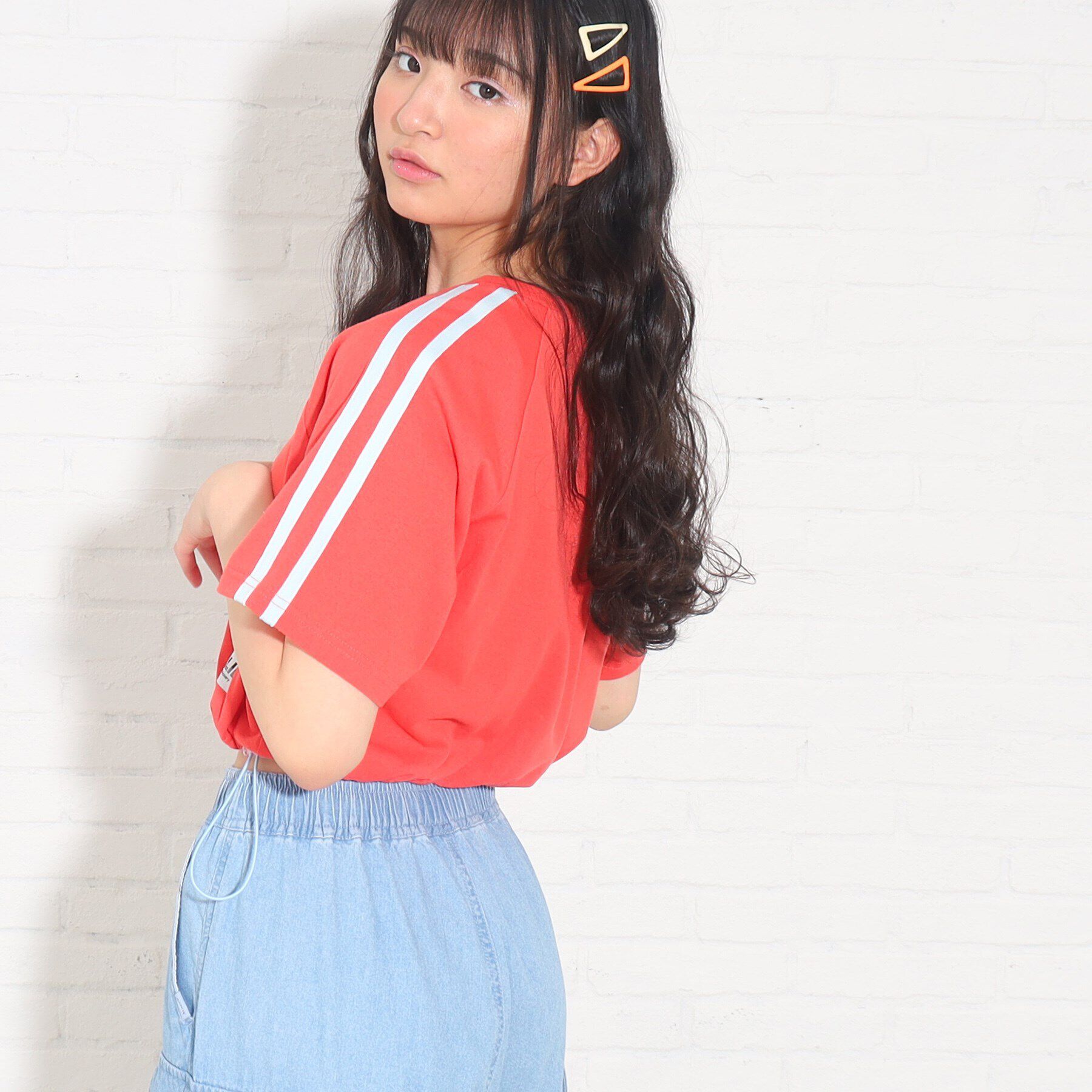 PINK-latte「裾ドロスト袖ラインTシャツ」|Tシャツ・カットソー|