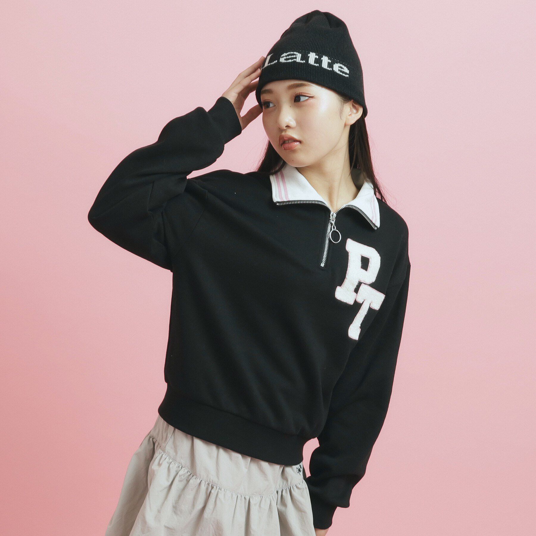 PINK-latte「ハーフジップ刺繍トレーナー」|その他|ブラック(019)