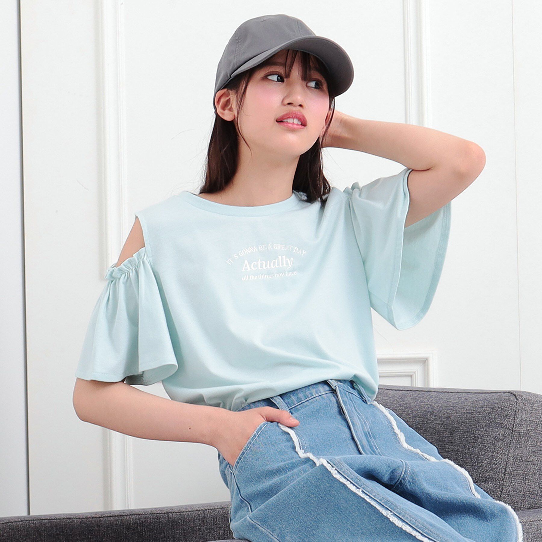 PINK-latte「肩あきフレアスリーブトップス」|Tシャツ・カットソー|