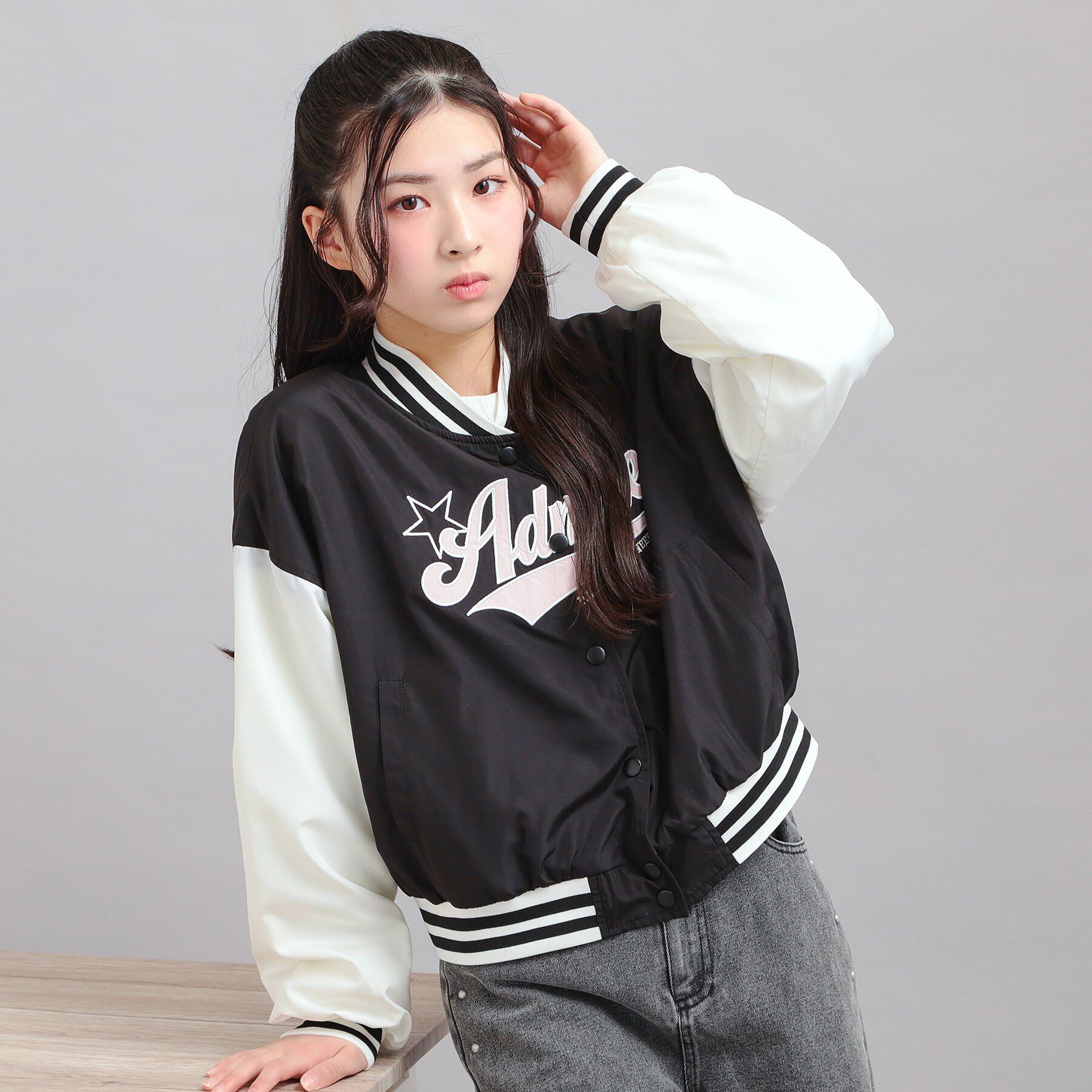 PINK-latte「チアロゴアップリケスタジャン」|ブルゾン・スタジャン|ブラック(019)