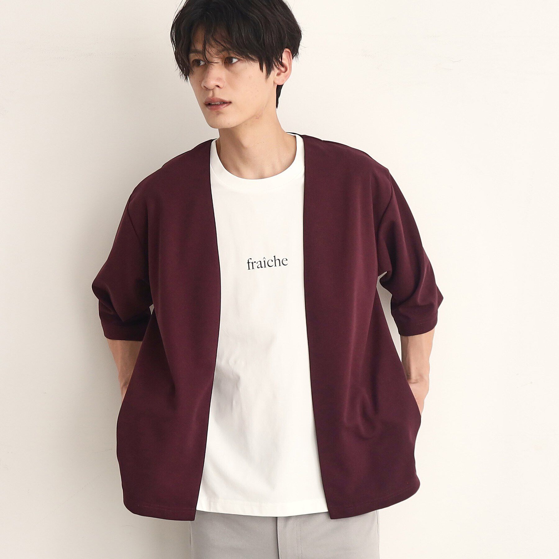 THE SHOP TK「【インナー&times;五分袖カーデ セットアイテム】梨地ハーフスリーブカーディガン&times;ライトパーフェクティー」|カーディガン|ボルドー(064)